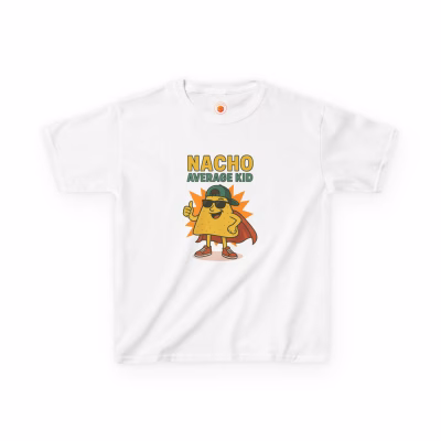 Nacho Average Kid Tee | Fun Kids T-Shirt for Birthdays, Playdates, Casual Wear, Summer Parties, Gift for Boys & Girls - White, L