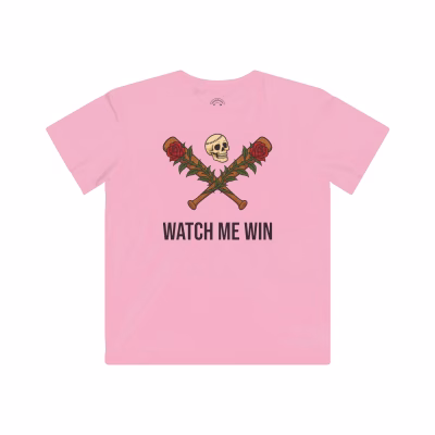 Kids Fine Jersey Tee - Watch me Win Skull & Rose Baseball Design - Pink, XL