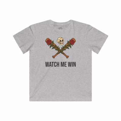 Kids Fine Jersey Tee - Watch me Win Skull & Rose Baseball Design - Heather, L