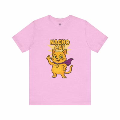 Nacho Cat Unisex Tee, Fun Graphic T-Shirt for Cat Lovers, Superhero Cat Design, Gift for Cat Owners, Perfect for Birthdays and Celebrations - Heather Bubble Gum, XS