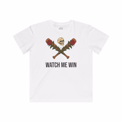 Kids Fine Jersey Tee - Watch me Win Skull & Rose Baseball Design - White, XL