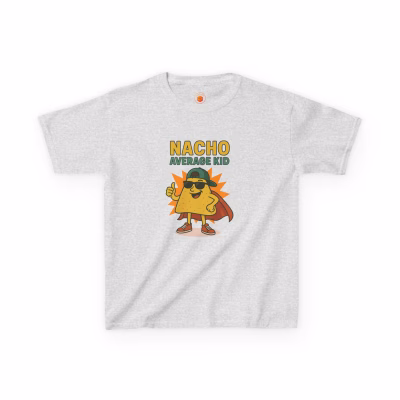Nacho Average Kid Tee | Fun Kids T-Shirt for Birthdays, Playdates, Casual Wear, Summer Parties, Gift for Boys & Girls - Ash, XS