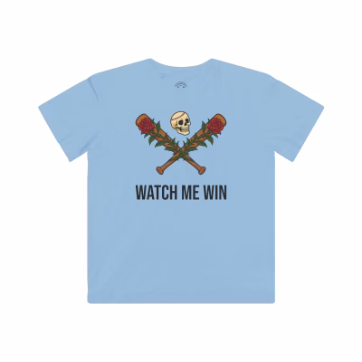 Kids Fine Jersey Tee - Watch me Win Skull & Rose Baseball Design - Light Blue, XL