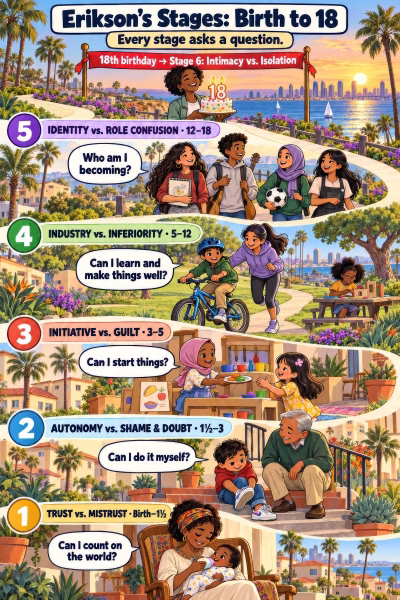 Illustrated classroom poster of Erikson's five stages from birth to 18, set along a San Diego coastal path