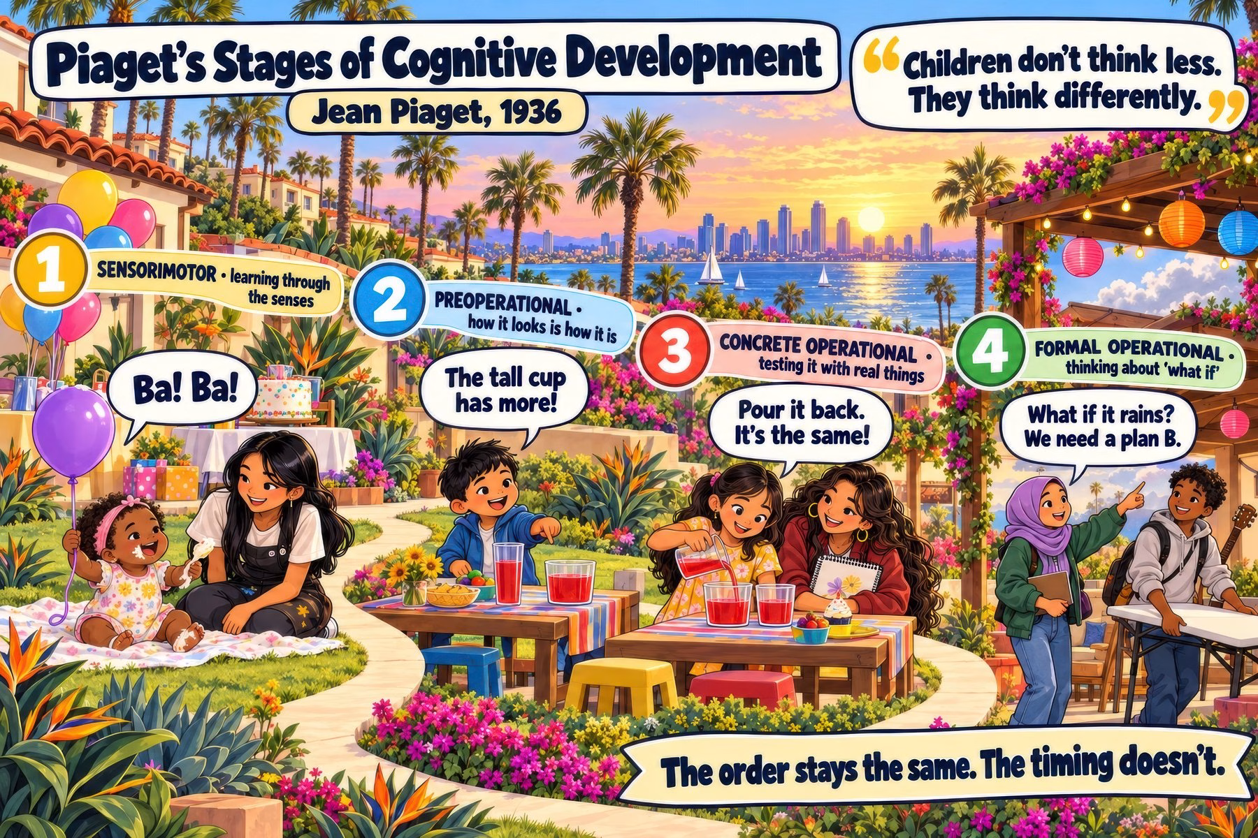 Illustrated classroom poster of Piaget's four stages of cognitive development, from baby to teen