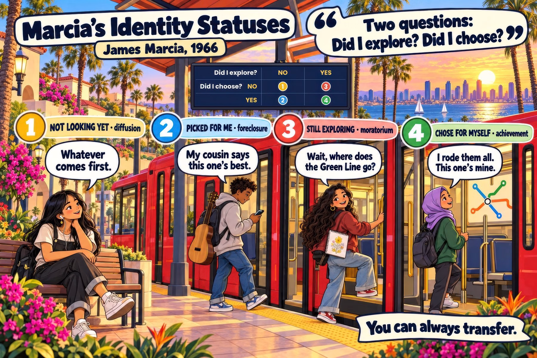 Illustrated classroom poster of Marcia's four identity statuses with plain-language names