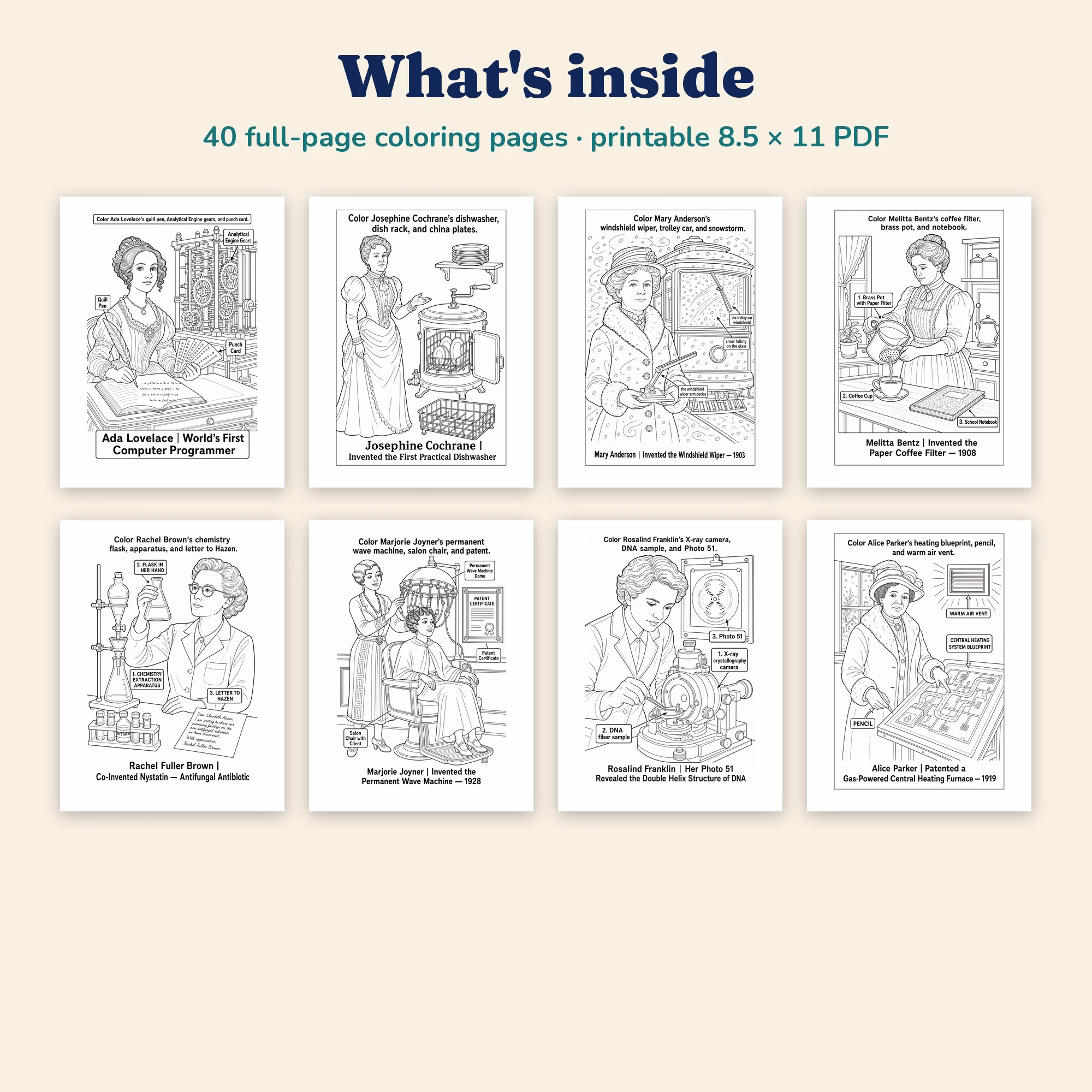 40 Female Inventors Coloring Book — One Portrait per Inventor, Grades 5–8 (Printable PDF) - Image 2