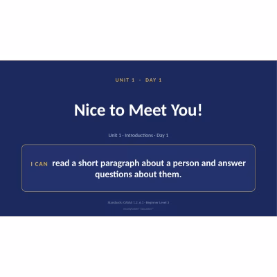Adult ESL Level 3 — Unit 1: Personal Introductions — 8-Day Slide Decks (Editable PPT) — FREE
