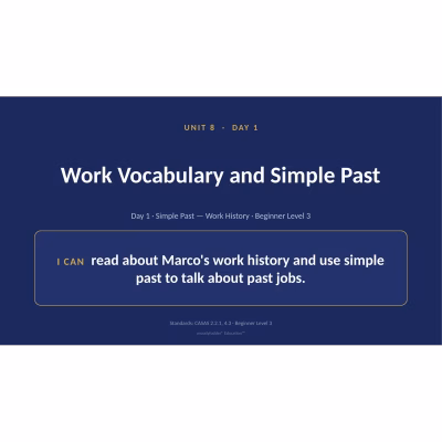Adult ESL Level 3 — Unit 8: Work — 8-Day Slide Decks (Editable PPT)